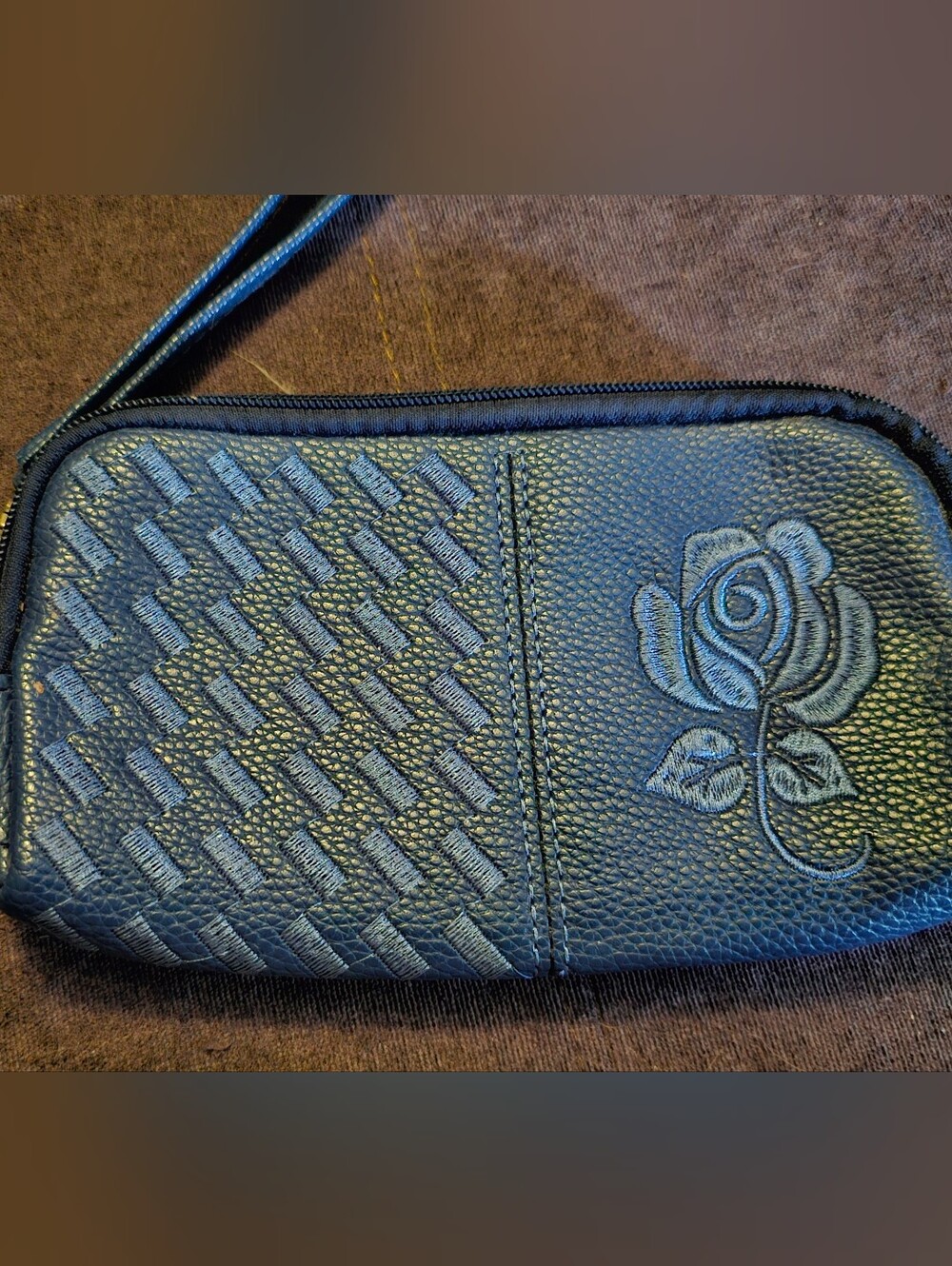 Blue Women's Double Wristlet Wallet with Rose Embroidery